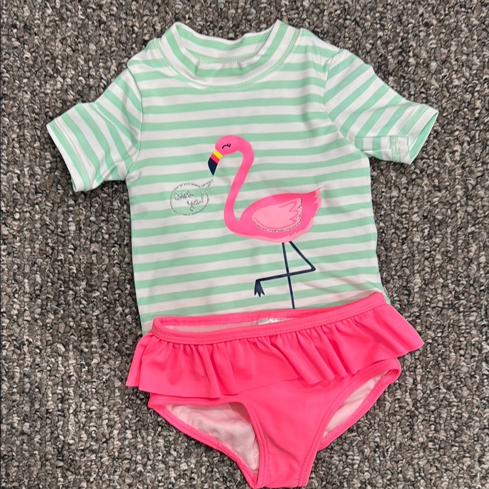 Carters Girls 9M Swim Set with Flamingo Design Rashguard Swin Suit Ruffle -NWOT